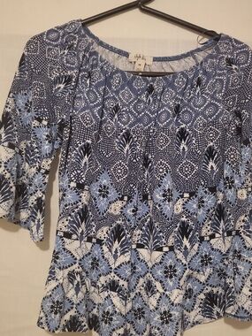 Style & Co. Blue and White Patterned Peasant Blouse